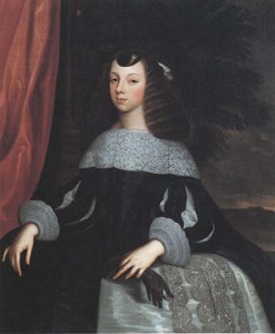 The young, convent-educated Catherine, demure in Portuguese court dress. (c) National Portrait Gallery. 