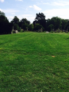 The walls can be seen as 'crop marks' in the grass in this photo: the apse is at the far end.