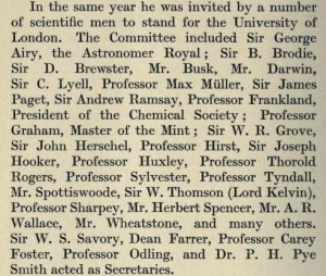 This extract from Hutchinson shows the somewhat staggering list of friends who asked Lubbock to stand as MP for the University of London. He acted as the University's Vice-Chancellor from 