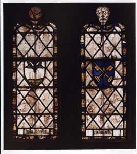 The bird windows, with the arms of St Peter's abbey, Gloucester.