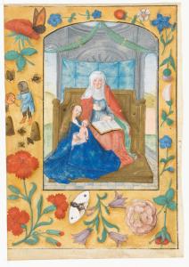 The Virgin, Child and St Anne. In the border, a kitted-up bee-keeper attends his hives above a stem of pinks in Marlay Cutting G 7a. (Credit: Fitzwilliam Museum, Cambridge)