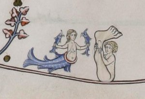 A siren and a sciopod, from the Pontifical of Renaud de Bar (c. 1310. (Credit: Fitzwilliam Museum)